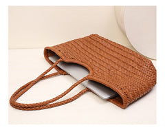 Handmade Woven Leather Tote Bag, Full Grain Leather Hand Woven Triple Jump Bamboo Ladies HoBo Bag, Curve Opening Summer Holiday Basket Bag