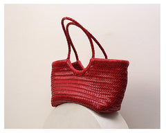 Handmade Woven Leather Tote Bag, Full Grain Leather Hand Woven Triple Jump Bamboo Ladies HoBo Bag, Curve Opening Summer Holiday Basket Bag