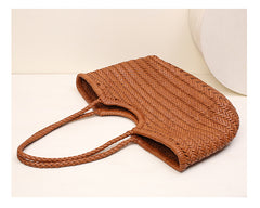 Handmade Woven Leather Tote Bag, Full Grain Leather Hand Woven Triple Jump Bamboo Ladies HoBo Bag, Curve Opening Summer Holiday Basket Bag