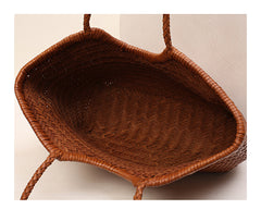 Handmade Woven Leather Tote Bag, Full Grain Leather Hand Woven Triple Jump Bamboo Ladies HoBo Bag, Curve Opening Summer Holiday Basket Bag