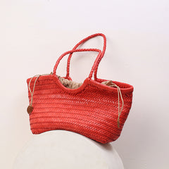 Handmade Woven Leather Tote Bag, Full Grain Leather Hand Woven Triple Jump Bamboo Ladies HoBo Bag, Curve Opening Summer Holiday Basket Bag