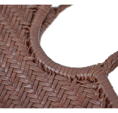 Handmade Woven Leather Tote Bag, Full Grain Leather Hand Woven Triple Jump Bamboo Ladies HoBo Bag, Curve Opening Summer Holiday Basket Bag