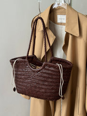 Handmade Woven Leather Tote Bag, Full Grain Leather Hand Woven Triple Jump Bamboo Ladies HoBo Bag, Curve Opening Summer Holiday Basket Bag