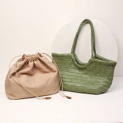 Handmade Woven Leather Tote Bag, Full Grain Leather Hand Woven Triple Jump Bamboo Ladies HoBo Bag, Curve Opening Summer Holiday Basket Bag