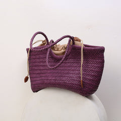 Handmade Woven Leather Tote Bag, Full Grain Leather Hand Woven Triple Jump Bamboo Ladies HoBo Bag, Curve Opening Summer Holiday Basket Bag
