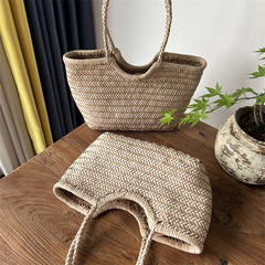Handmade Woven Leather Tote Bag, Full Grain Leather Hand Woven Triple Jump Bamboo Ladies HoBo Bag, Curve Opening Summer Holiday Basket Bag