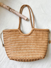 Handmade Woven Leather Tote Bag, Full Grain Leather Hand Woven Triple Jump Bamboo Ladies HoBo Bag, Curve Opening Summer Holiday Basket Bag