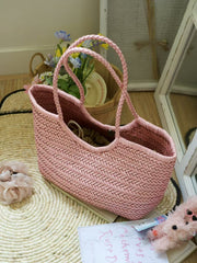 Handmade Woven Leather Tote Bag, Full Grain Leather Hand Woven Triple Jump Bamboo Ladies HoBo Bag, Curve Opening Summer Holiday Basket Bag