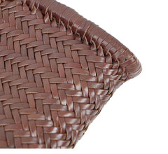 Handmade Woven Leather Tote Bag, Full Grain Leather Hand Woven Triple Jump Bamboo Ladies HoBo Bag, Curve Opening Summer Holiday Basket Bag