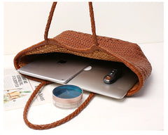 Handmade Woven Leather Tote Bag, Full Grain Leather Hand Woven Triple Jump Bamboo Ladies HoBo Bag, Curve Opening Summer Holiday Basket Bag