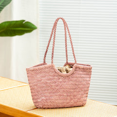 Handmade Woven Leather Tote Bag, Full Grain Leather Hand Woven Triple Jump Bamboo Ladies HoBo Bag, Curve Opening Summer Holiday Basket Bag