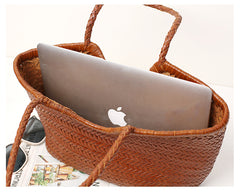 Handmade Woven Leather Tote Bag, Full Grain Leather Hand Woven Triple Jump Bamboo Ladies HoBo Bag, Curve Opening Summer Holiday Basket Bag
