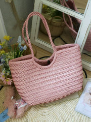 Handmade Woven Leather Tote Bag, Full Grain Leather Hand Woven Triple Jump Bamboo Ladies HoBo Bag, Curve Opening Summer Holiday Basket Bag