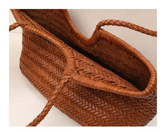 Handmade Woven Leather Tote Bag, Full Grain Leather Hand Woven Triple Jump Bamboo Ladies HoBo Bag, Curve Opening Summer Holiday Basket Bag