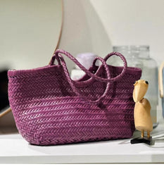 Handmade Woven Leather Tote Bag, Full Grain Leather Hand Woven Triple Jump Bamboo Ladies HoBo Bag, Curve Opening Summer Holiday Basket Bag