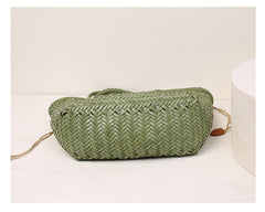 Handmade Woven Leather Tote Bag, Full Grain Leather Hand Woven Triple Jump Bamboo Ladies HoBo Bag, Curve Opening Summer Holiday Basket Bag