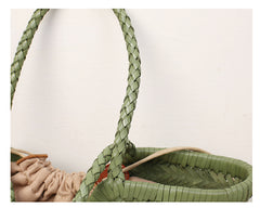 Handmade Woven Leather Tote Bag, Full Grain Leather Hand Woven Triple Jump Bamboo Ladies HoBo Bag, Curve Opening Summer Holiday Basket Bag
