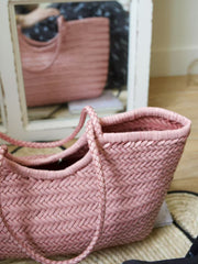 Handmade Woven Leather Tote Bag, Full Grain Leather Hand Woven Triple Jump Bamboo Ladies HoBo Bag, Curve Opening Summer Holiday Basket Bag