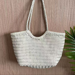 Handmade Woven Leather Tote Bag, Full Grain Leather Hand Woven Triple Jump Bamboo Ladies HoBo Bag, Curve Opening Summer Holiday Basket Bag