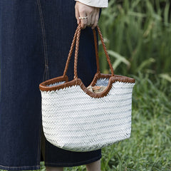 Handmade Woven Leather Tote Bag, Full Grain Leather Hand Woven Triple Jump Bamboo Ladies HoBo Bag, Curve Opening Summer Holiday Basket Bag