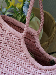 Handmade Woven Leather Tote Bag, Full Grain Leather Hand Woven Triple Jump Bamboo Ladies HoBo Bag, Curve Opening Summer Holiday Basket Bag