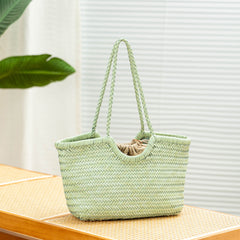 Handmade Woven Leather Tote Bag, Full Grain Leather Hand Woven Triple Jump Bamboo Ladies HoBo Bag, Curve Opening Summer Holiday Basket Bag