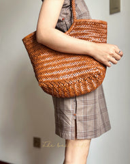 Handmade Woven Leather Tote Bag, Full Grain Leather Hand Woven Triple Jump Bamboo Ladies HoBo Bag, Curve Opening Summer Holiday Basket Bag