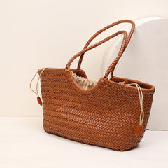 Handmade Woven Leather Tote Bag, Full Grain Leather Hand Woven Triple Jump Bamboo Ladies HoBo Bag, Curve Opening Summer Holiday Basket Bag