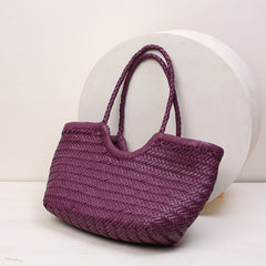 Handmade Woven Leather Tote Bag, Full Grain Leather Hand Woven Triple Jump Bamboo Ladies HoBo Bag, Curve Opening Summer Holiday Basket Bag