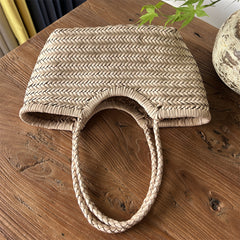 Handmade Woven Leather Tote Bag, Full Grain Leather Hand Woven Triple Jump Bamboo Ladies HoBo Bag, Curve Opening Summer Holiday Basket Bag