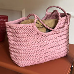 Handmade Woven Leather Tote Bag, Full Grain Leather Hand Woven Triple Jump Bamboo Ladies HoBo Bag, Curve Opening Summer Holiday Basket Bag