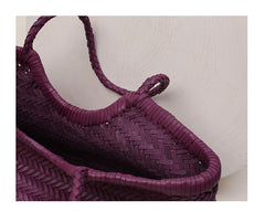 Handmade Woven Leather Tote Bag, Full Grain Leather Hand Woven Triple Jump Bamboo Ladies HoBo Bag, Curve Opening Summer Holiday Basket Bag