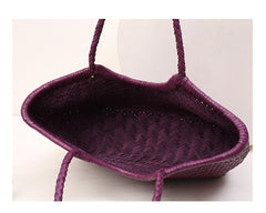 Handmade Woven Leather Tote Bag, Full Grain Leather Hand Woven Triple Jump Bamboo Ladies HoBo Bag, Curve Opening Summer Holiday Basket Bag