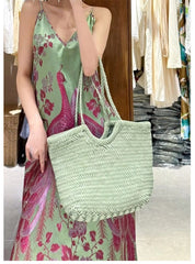 Handmade Woven Leather Tote Bag, Full Grain Leather Hand Woven Triple Jump Bamboo Ladies HoBo Bag, Curve Opening Summer Holiday Basket Bag