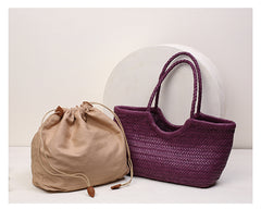 Handmade Woven Leather Tote Bag, Full Grain Leather Hand Woven Triple Jump Bamboo Ladies HoBo Bag, Curve Opening Summer Holiday Basket Bag