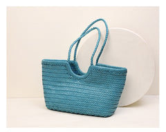 Handmade Woven Leather Tote Bag, Full Grain Leather Hand Woven Triple Jump Bamboo Ladies HoBo Bag, Curve Opening Summer Holiday Basket Bag
