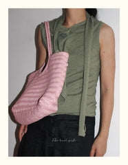 Handmade Woven Leather Tote Bag, Full Grain Leather Hand Woven Triple Jump Bamboo Ladies HoBo Bag, Curve Opening Summer Holiday Basket Bag
