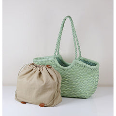 Handmade Woven Leather Tote Bag, Full Grain Leather Hand Woven Triple Jump Bamboo Ladies HoBo Bag, Curve Opening Summer Holiday Basket Bag