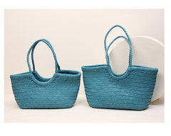 Handmade Woven Leather Tote Bag, Full Grain Leather Hand Woven Triple Jump Bamboo Ladies HoBo Bag, Curve Opening Summer Holiday Basket Bag