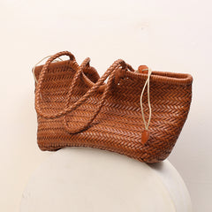 Handmade Woven Leather Tote Bag, Full Grain Leather Hand Woven Triple Jump Bamboo Ladies HoBo Bag, Curve Opening Summer Holiday Basket Bag