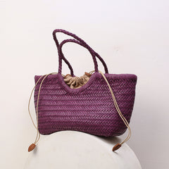 Handmade Woven Leather Tote Bag, Full Grain Leather Hand Woven Triple Jump Bamboo Ladies HoBo Bag, Curve Opening Summer Holiday Basket Bag