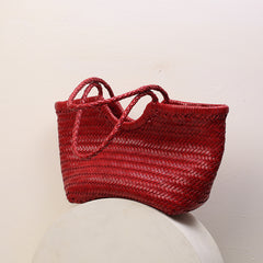 Handmade Woven Leather Tote Bag, Full Grain Leather Hand Woven Triple Jump Bamboo Ladies HoBo Bag, Curve Opening Summer Holiday Basket Bag