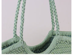 Handmade Woven Leather Tote Bag, Full Grain Leather Hand Woven Triple Jump Bamboo Ladies HoBo Bag, Curve Opening Summer Holiday Basket Bag