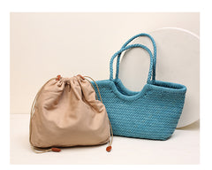 Handmade Woven Leather Tote Bag, Full Grain Leather Hand Woven Triple Jump Bamboo Ladies HoBo Bag, Curve Opening Summer Holiday Basket Bag