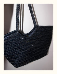 Handmade Woven Leather Tote Bag, Full Grain Leather Hand Woven Triple Jump Bamboo Ladies HoBo Bag, Curve Opening Summer Holiday Basket Bag