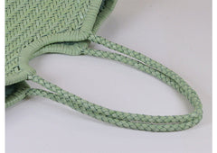 Handmade Woven Leather Tote Bag, Full Grain Leather Hand Woven Triple Jump Bamboo Ladies HoBo Bag, Curve Opening Summer Holiday Basket Bag