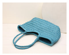 Handmade Woven Leather Tote Bag, Full Grain Leather Hand Woven Triple Jump Bamboo Ladies HoBo Bag, Curve Opening Summer Holiday Basket Bag