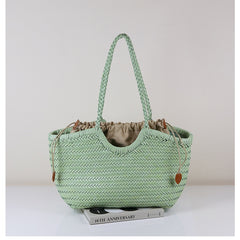 Handmade Woven Leather Tote Bag, Full Grain Leather Hand Woven Triple Jump Bamboo Ladies HoBo Bag, Curve Opening Summer Holiday Basket Bag
