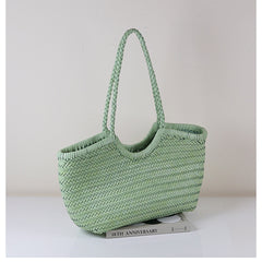 Handmade Woven Leather Tote Bag, Full Grain Leather Hand Woven Triple Jump Bamboo Ladies HoBo Bag, Curve Opening Summer Holiday Basket Bag