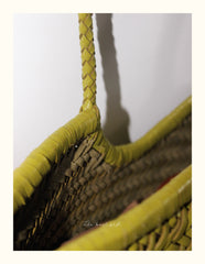 Handmade Woven Leather Tote Bag, Full Grain Leather Hand Woven Triple Jump Bamboo Ladies HoBo Bag, Curve Opening Summer Holiday Basket Bag